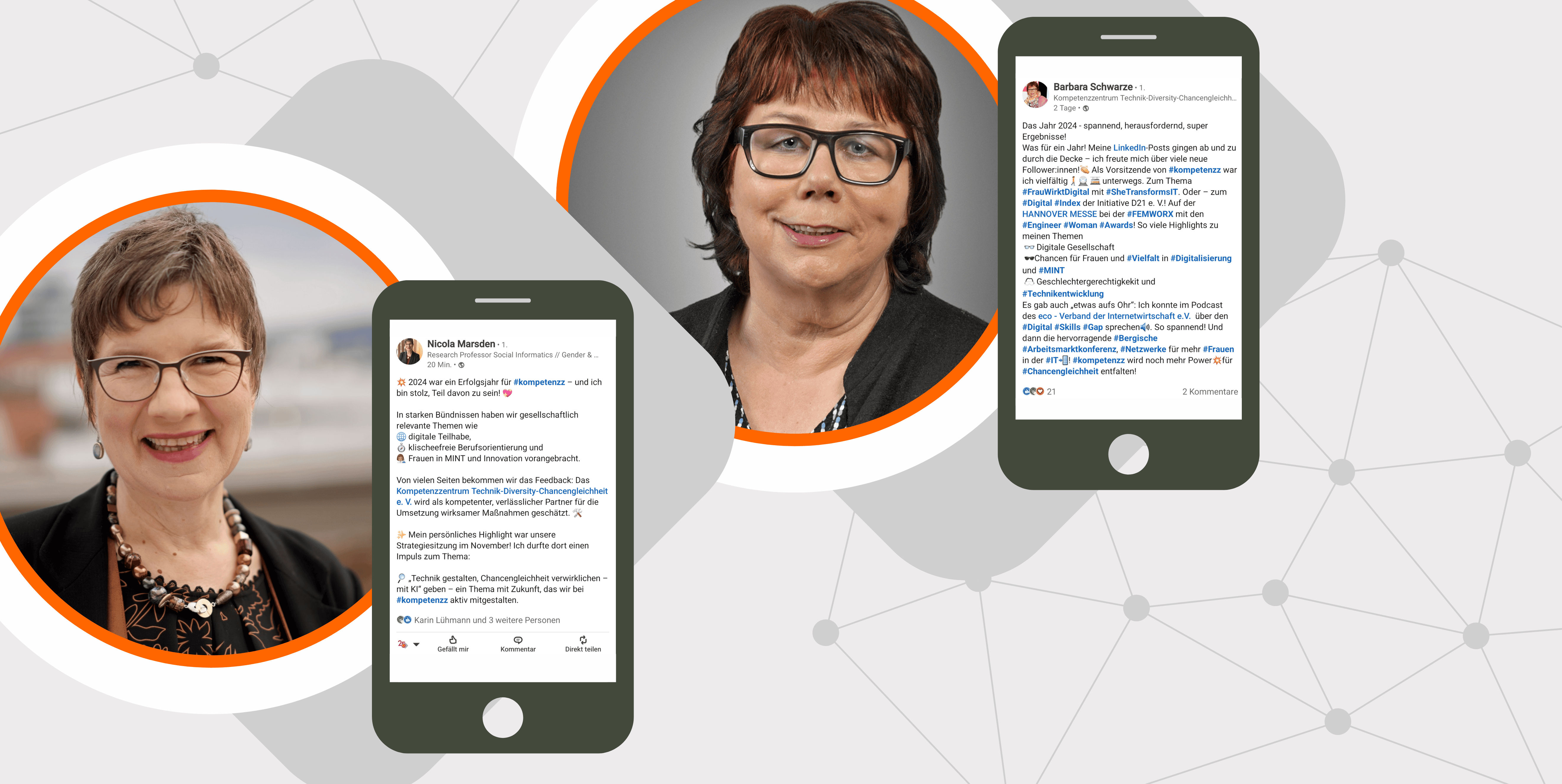 Neben den Portraits von Nicola Marsden und Barbara Schwarze sind die Screenshots ihrer LinkedIn-Beiträge zu sehen.
