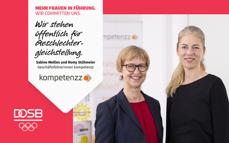 Grafik mit der Aufschrift: Mehr Frauen in Führung. Wir committen uns. Sabine Mellies und Romy Stühmeier.