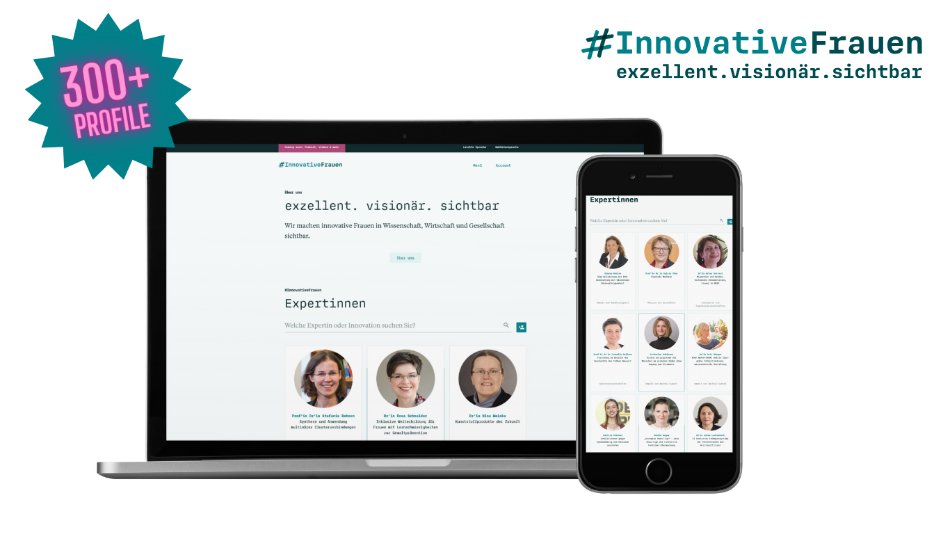 Es ist ein Screenshot der Plattform Innovative Frauen auf dem Laptop und auf dem Smartphone zu sehen. Darüber steht: 300 + Profile.