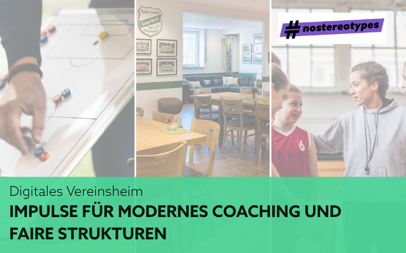 Im Hintergrund befinden sich drei Bilder. Links ist eine Taktiktafel zu sehen. In der Mitte befindet sich ein leerer Raum mit Holztischen und Stühlen und rechts spricht eine Trainerin mit ihrem Team.