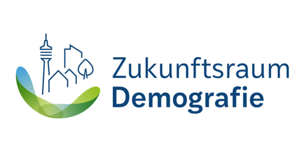Ein blau-grüner Farbverlauf umrahmt eine skizzierte Stadt. Daneben steht: Zukunftsraum Demografie.