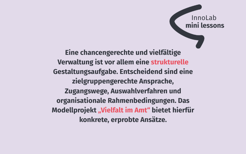 Grafik mit der Aufschrift: Eine chancengerechte und vielfältige Verwaltung ist vor allem eine strukturelle Gestaltungsaufgabe. Entscheidend sind eine zielgruppengerechte Ansprache, Zugangswege, Auswahlverfahren und organisationale Rahmenbedingungen. Das Modellprojekt „Vielfalt im Amt“ bietet hierfür konkrete, erprobte Ansätze.