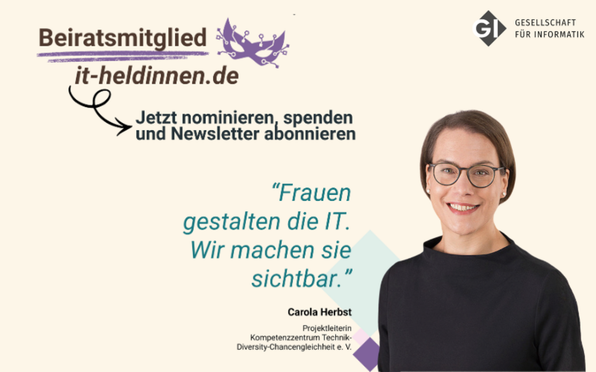 Grafik zum Projekt IT-Heldinnen mit Foto von Carola Herbst