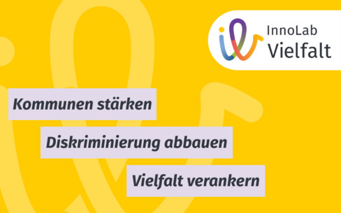 Grafik mit der Aufschrift "InnoLab Vielfalt. Kommunen stärken, Diskriminierung abbauen, Vielfalt verankern"