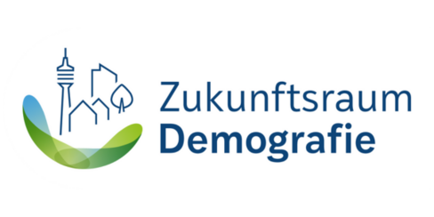 Ein blau-grüner Farbverlauf umrahmt eine skizzierte Stadt. Daneben steht: Zukunftsraum Demografie.