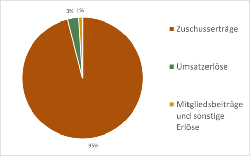 Zuschusserträge 95 %, Umsatzerlöse 3 %, Mitgliedsbeiträge und sonstige Erlöse 1%