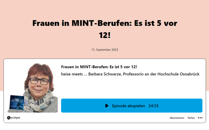 Screenshot mit einem Porträt von Barbara Schwarze und dem Titel "Frauen in MINT-Berufen: Es ist 5 vor 12!"