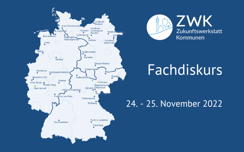 Grafiek mit Deutschlandkarte, mit 40 Modellkommunen und dem Datum:  24. - 25. November 2022