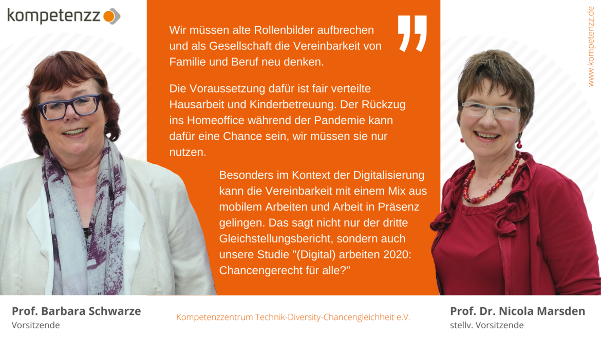 Statement zum 3. Gleichstellungsbericht und Fotos der Statementgeberinnen Prof. Barbara Schwarze und Prof. Dr. Nicola Marsden