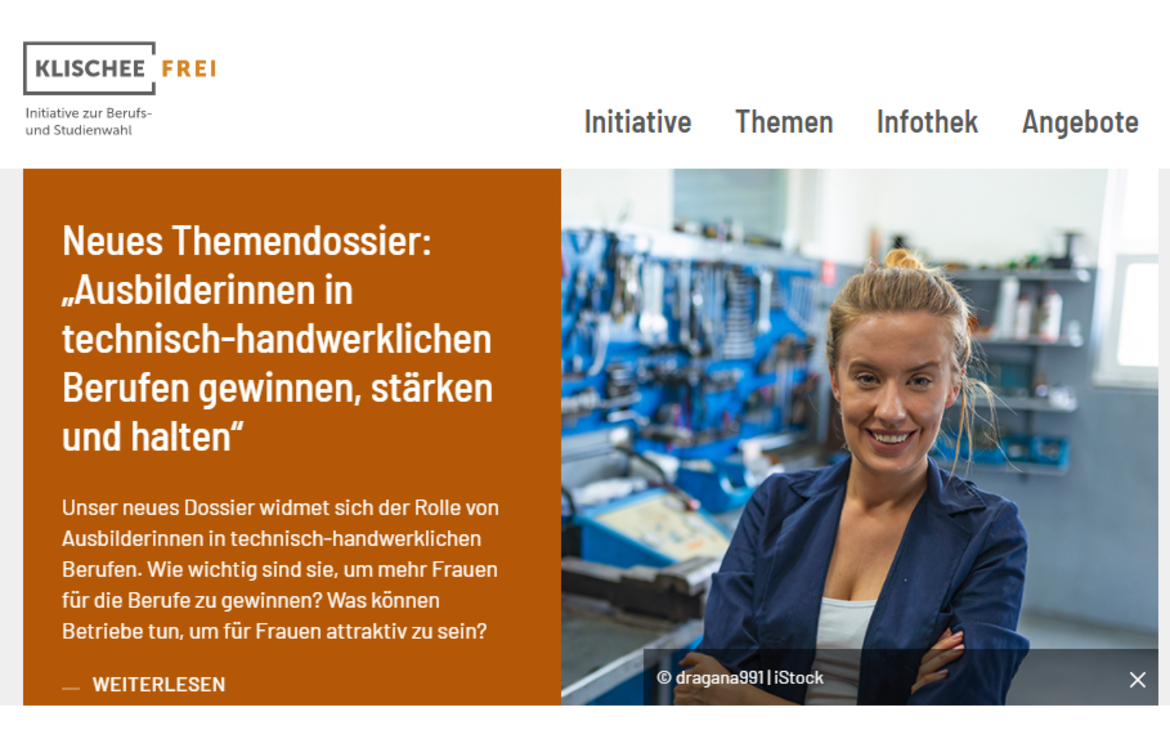 Neues Themendossier Ausbilder*innen Screenshot der Startseite klischee-frei.de