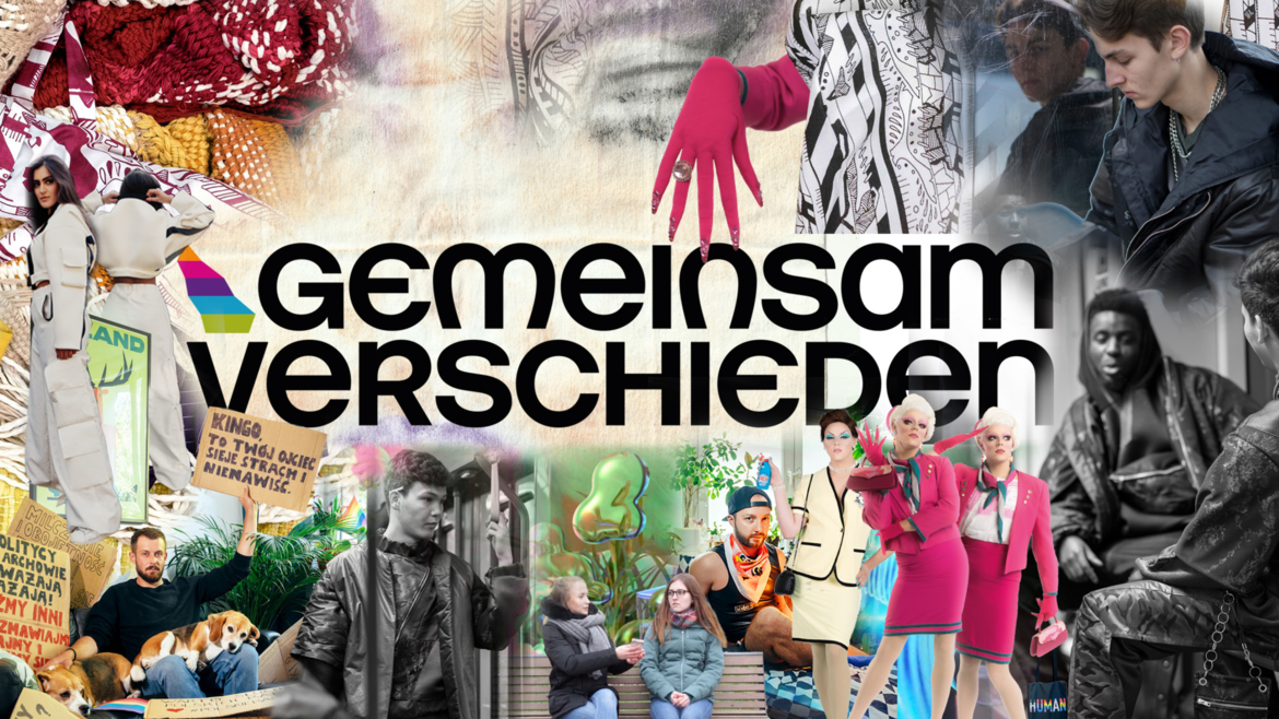 Visual Gemeinsam verschieden Die Collage zeigt den Schriftzug "Gemeinsam verschieden" und mehrere Arbeiten aus dem Fachbereich Gestaltung.