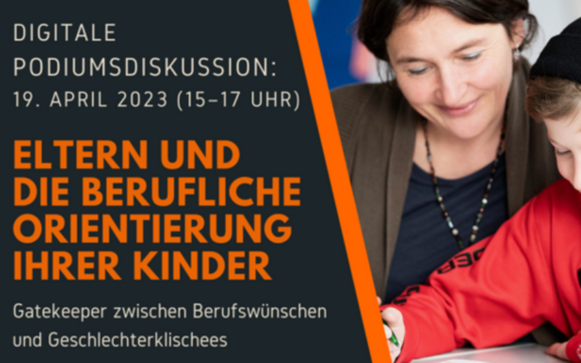 Grafik zur digitalen Podiumsdiskussion Eltern und die berufliche Orientierung ihrer Kinder