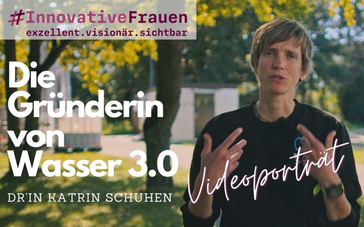 Grafik mit einem Porträt von Katrin Schuhen und der Aufschrift "Die Gründerin von Wasser 3.0"