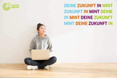 Eine junge Frau sitzt auf dem Boden mit einem Laptop auf dem Schoß. Oben links befindet sich das Logo des Goethe-Instituts, oben rechts steht: Deine Zukunft in MINT.