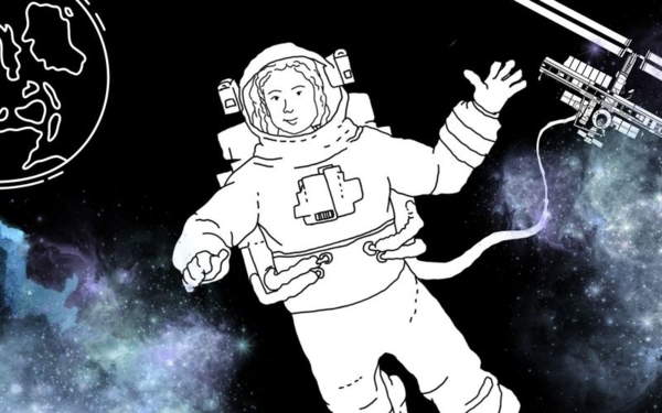 Grafik mit einer Zeichnung von einer Astronautin im Weltall