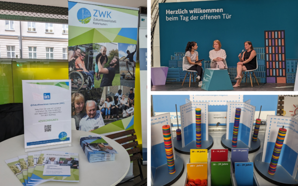 Fotocollage: Stand der Zukunftswerkstatt Kommunen (ZWK), Interview mit Ministerin Paus, Umfrage zum Demografischen Wandel