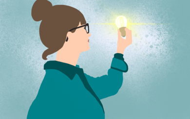 Grafik von einer Frau, die eine leuchtende Glühbirne in der Hand hält