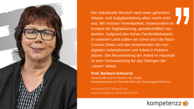 Portrait von Prof. Barbara Schwarze, Vorsitzende kompetenzz und Co-Autorin der Studie. Text: Der individuelle Wunsch nach einer gerechten Arbeits- und Aufgabenteilung allein reicht nicht aus. Wir müssen Vereinbarkeit, insbesondere im Kontext der Digitalisierung, gesellschaftlich neu denken. Aufgrund des hohen Fachkräftebedarfs in unserem Land sollten wir schon jetzt die Nach-Corona-Zeiten und den anstehenden Mix von digitalen Arbeitsformen und Arbeit in Präsenz planen. Die Neuverteilung der Arbeit im Haushalt ist eine Voraussetzung für das Gelingen der „neuen“ Arbeit.